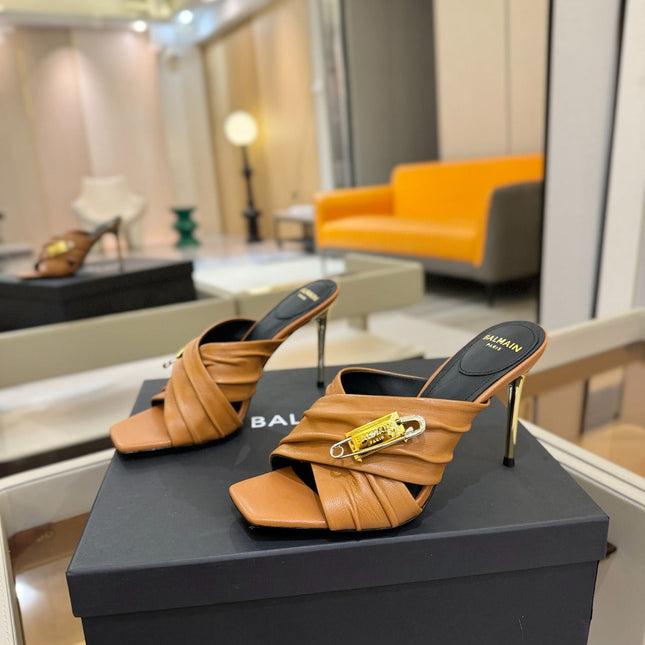 BALMAIN 25S HIGH HEEL SANDALS 95MM IN BROWN CALFSKIN