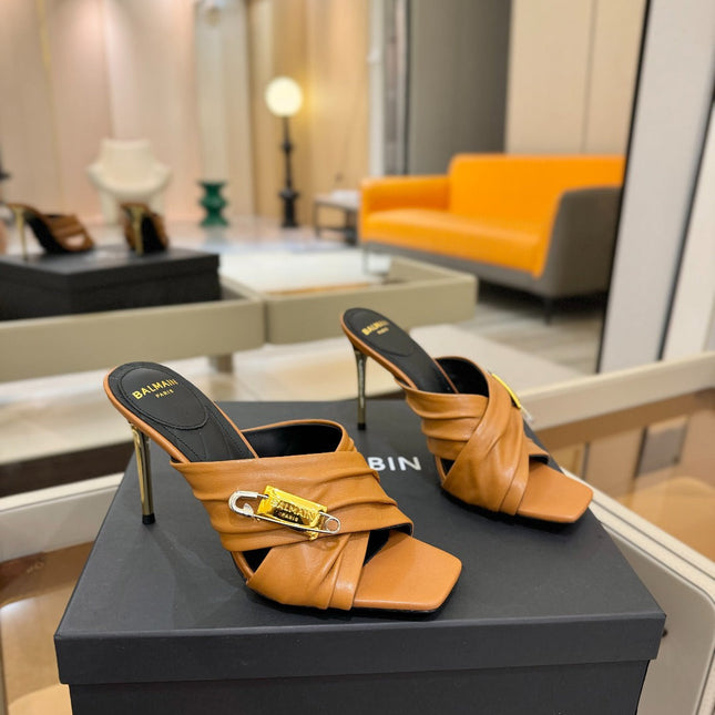 BALMAIN 25S HIGH HEEL SANDALS 95MM IN BROWN CALFSKIN