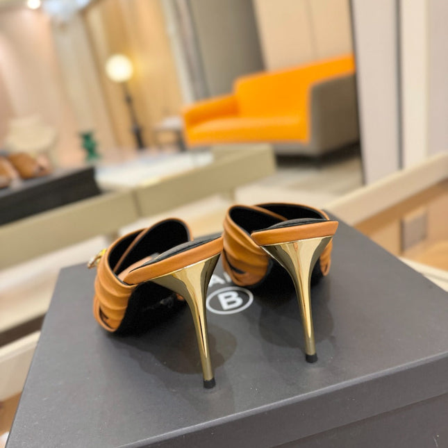 BALMAIN 25S HIGH HEEL SANDALS 95MM IN BROWN CALFSKIN