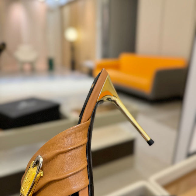 BALMAIN 25S HIGH HEEL SANDALS 95MM IN BROWN CALFSKIN