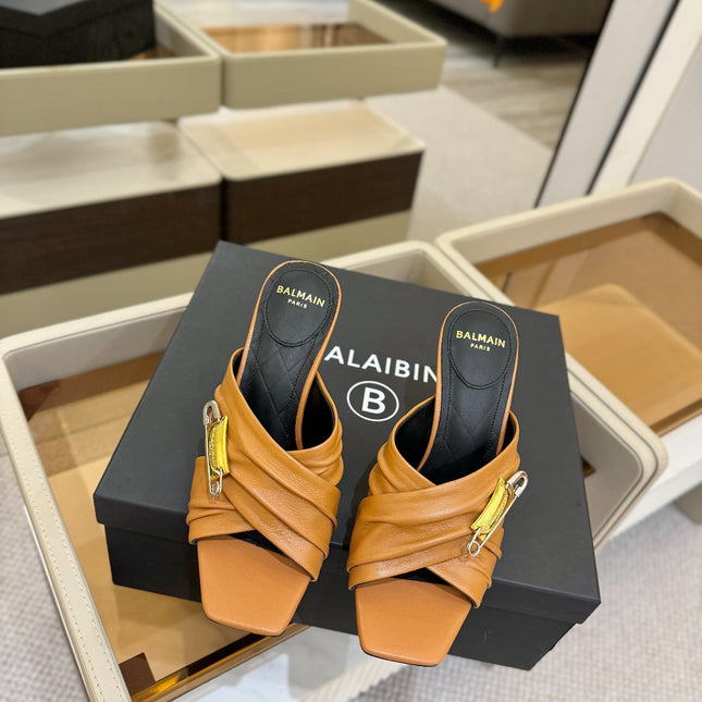 BALMAIN 25S HIGH HEEL SANDALS 95MM IN BROWN CALFSKIN