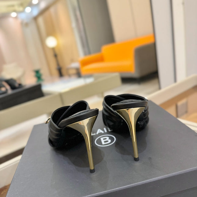 BALMAIN 25S HIGH HEEL SANDALS 95MM IN BLACK CALFSKIN