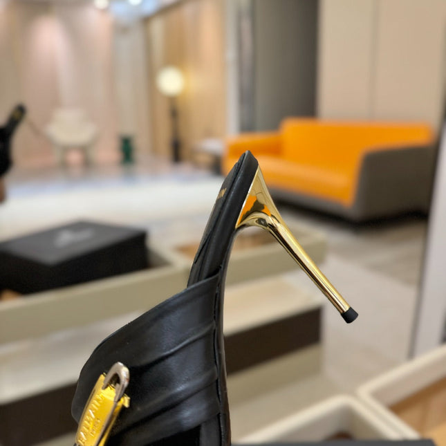 BALMAIN 25S HIGH HEEL SANDALS 95MM IN BLACK CALFSKIN