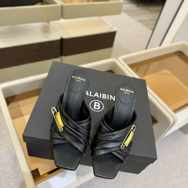 BALMAIN 25S HIGH HEEL SANDALS 95MM IN BLACK CALFSKIN