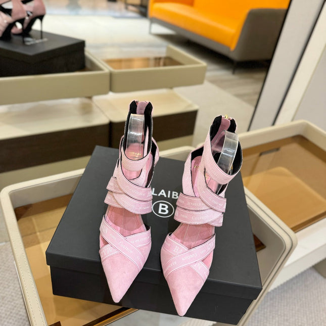 BALMAIN 25S HIGH HEELS LOGO RIBBON 95MM IN PINK SUEDE