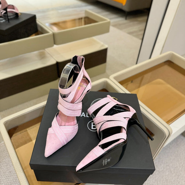 BALMAIN 25S HIGH HEELS LOGO RIBBON 95MM IN PINK SUEDE