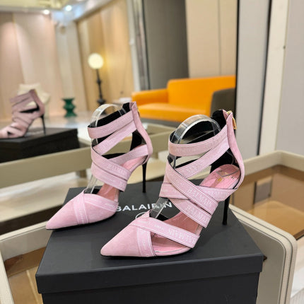 BALMAIN 25S HIGH HEELS LOGO RIBBON 95MM IN PINK SUEDE