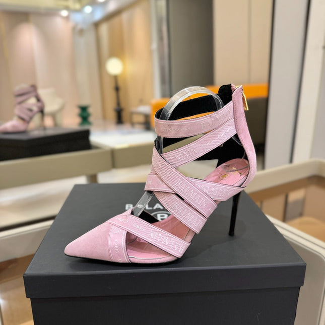 BALMAIN 25S HIGH HEELS LOGO RIBBON 95MM IN PINK SUEDE