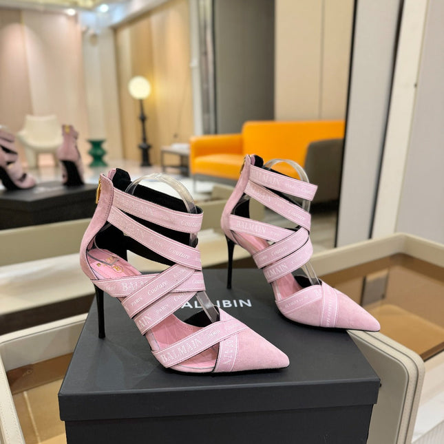 BALMAIN 25S HIGH HEELS LOGO RIBBON 95MM IN PINK SUEDE