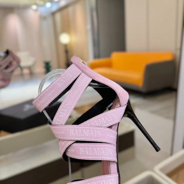 BALMAIN 25S HIGH HEELS LOGO RIBBON 95MM IN PINK SUEDE