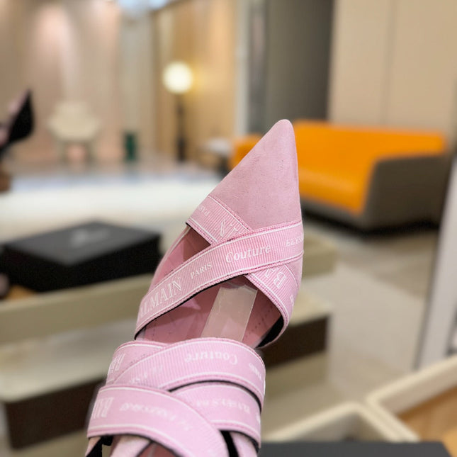 BALMAIN 25S HIGH HEELS LOGO RIBBON 95MM IN PINK SUEDE