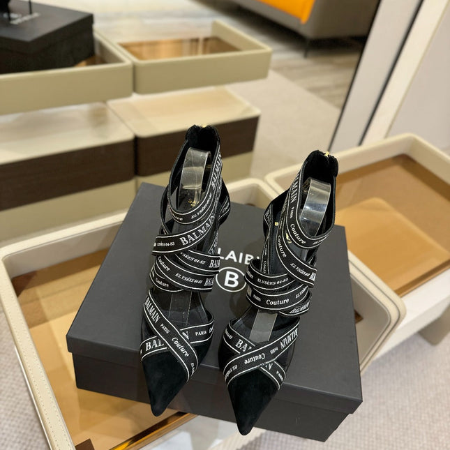 BALMAIN 25S HIGH HEELS LOGO RIBBON 95MM IN BLACK FULL SUEDE