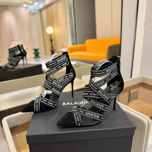 BALMAIN 25S HIGH HEELS LOGO RIBBON 95MM IN BLACK FULL SUEDE