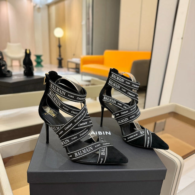BALMAIN 25S HIGH HEELS LOGO RIBBON 95MM IN BLACK FULL SUEDE