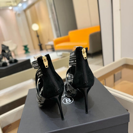 BALMAIN 25S HIGH HEELS LOGO RIBBON 95MM IN BLACK FULL SUEDE
