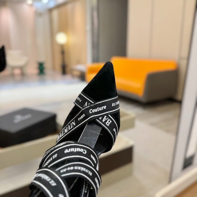 BALMAIN 25S HIGH HEELS LOGO RIBBON 95MM IN BLACK FULL SUEDE