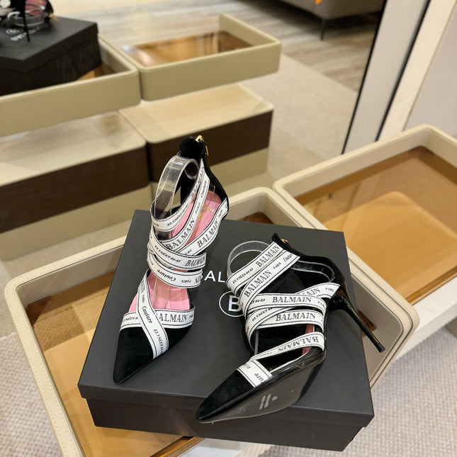 BALMAIN 25S HIGH HEELS LOGO RIBBON 95MM IN BLACK AND WHITE SUEDE