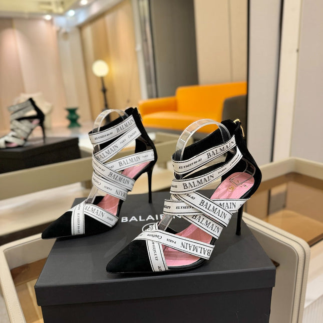 BALMAIN 25S HIGH HEELS LOGO RIBBON 95MM IN BLACK AND WHITE SUEDE