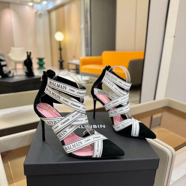 BALMAIN 25S HIGH HEELS LOGO RIBBON 95MM IN BLACK AND WHITE SUEDE