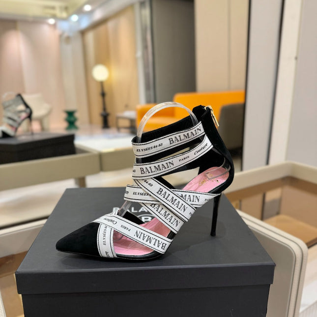 BALMAIN 25S HIGH HEELS LOGO RIBBON 95MM IN BLACK AND WHITE SUEDE