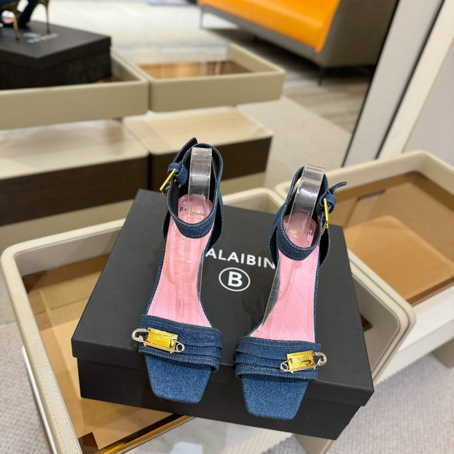 BALMAIN 25S HIGH HEELS 95MM IN BLUE DENIM