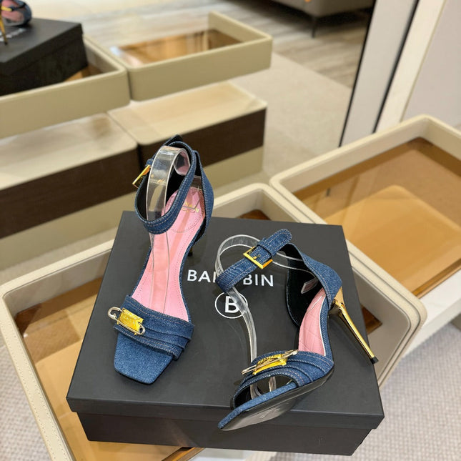 BALMAIN 25S HIGH HEELS 95MM IN BLUE DENIM