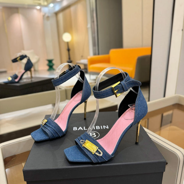 BALMAIN 25S HIGH HEELS 95MM IN BLUE DENIM