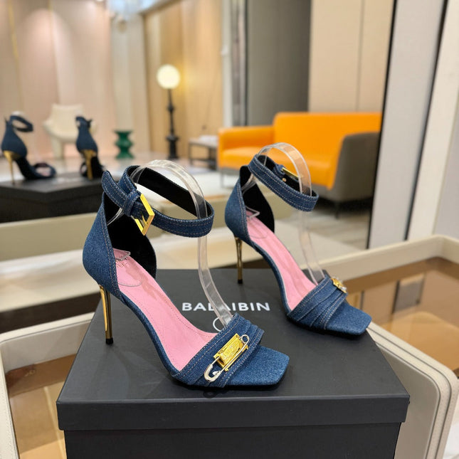 BALMAIN 25S HIGH HEELS 95MM IN BLUE DENIM