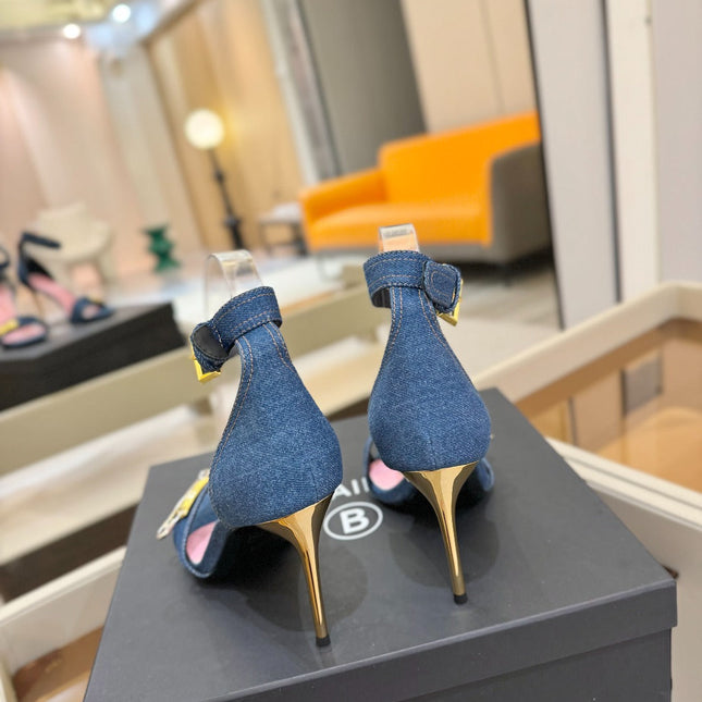 BALMAIN 25S HIGH HEELS 95MM IN BLUE DENIM