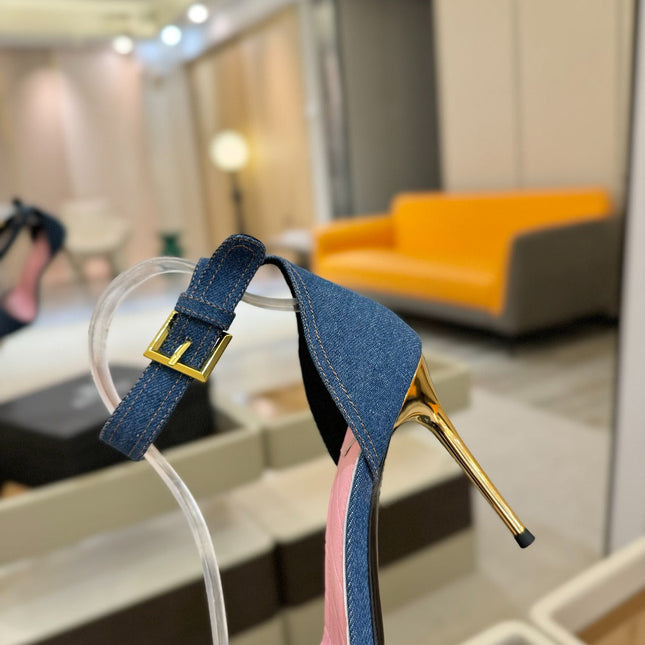 BALMAIN 25S HIGH HEELS 95MM IN BLUE DENIM