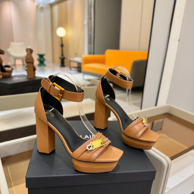 BALMAIN 25S WEDGE HEELS 100MM IN BROWN CALFSKIN