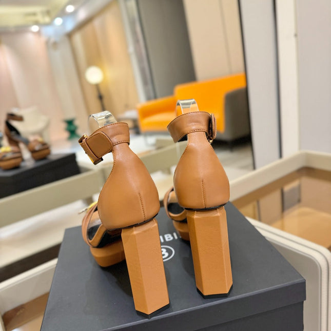 BALMAIN 25S WEDGE HEELS 100MM IN BROWN CALFSKIN