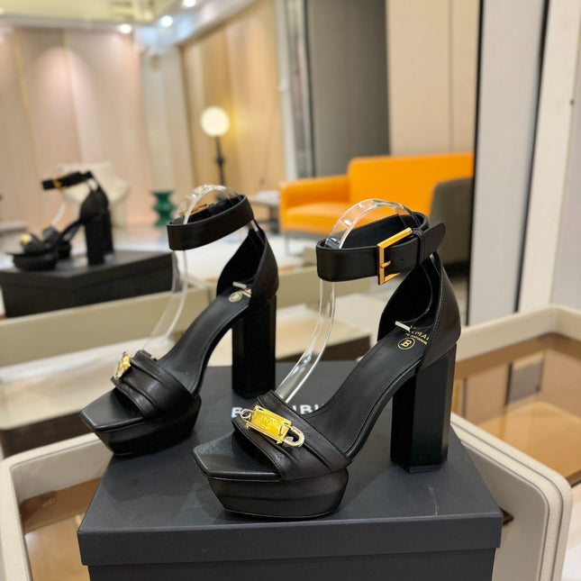 BALMAIN 25S WEDGE HEELS 100MM IN BLACK CALFSKIN