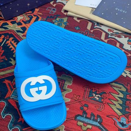 GG INTERLOCKING G SLIDE SANDAL BRIGHT BLUE RUBBER