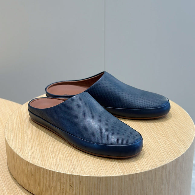LP TOMORI SABOT MULES NAVY MESH CALFSKIN