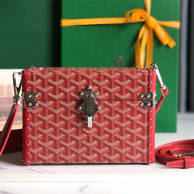 CASSETTE TRUNK BAG 21 IN BURGUNDY RED GOYARDINE CANVAS & CLAMECY COWHIDE