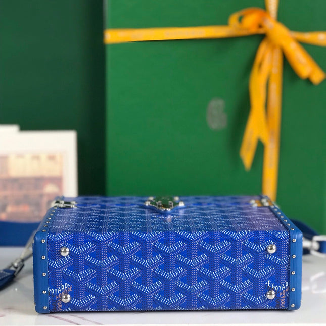 CASSETTE TRUNK BAG 21 IN BLUE GOYARDINE CANVAS & CLAMECY COWHIDE