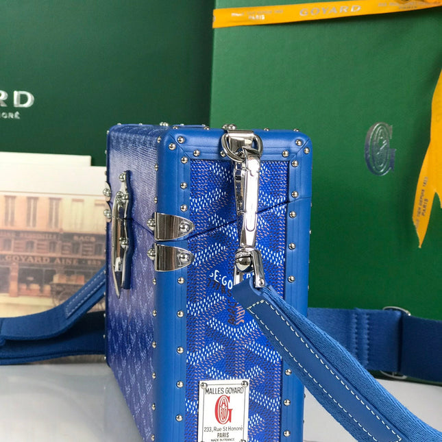 CASSETTE TRUNK BAG 21 IN BLUE GOYARDINE CANVAS & CLAMECY COWHIDE