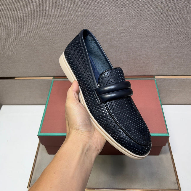 LP PERFORATED LOAFERS BLACK AND NAVY CALFSKIN