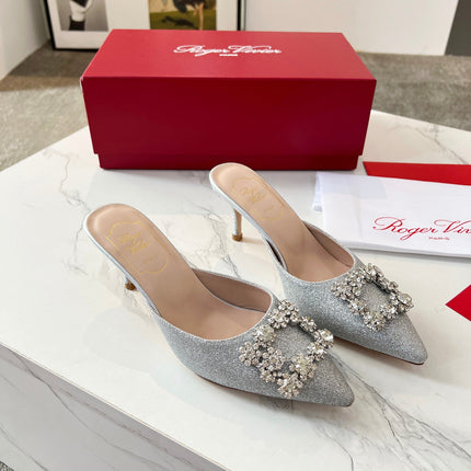 EFFLORESCENCE MULES IN SILVER SATIN EMBELLISHED GLITTER