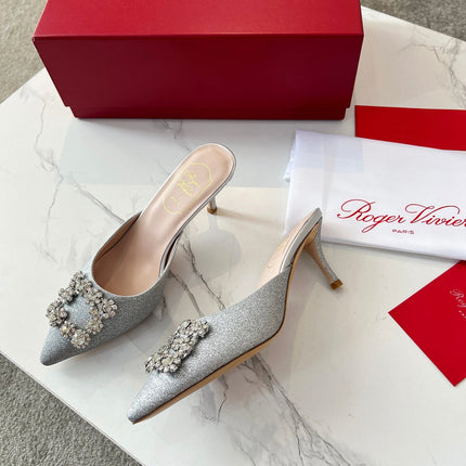 EFFLORESCENCE MULES IN SILVER SATIN EMBELLISHED GLITTER