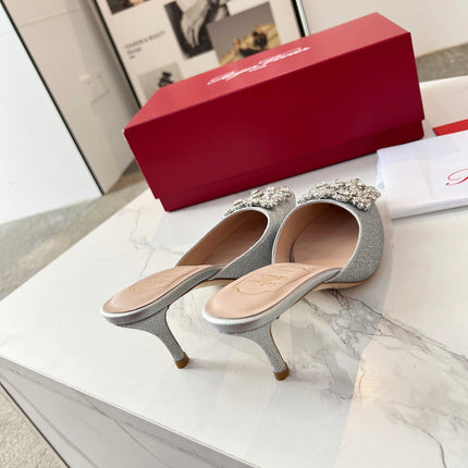 EFFLORESCENCE MULES IN SILVER SATIN EMBELLISHED GLITTER