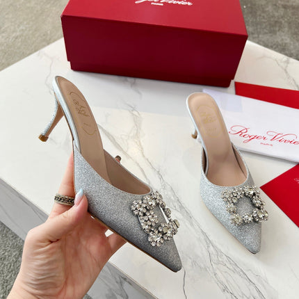 EFFLORESCENCE MULES IN SILVER SATIN EMBELLISHED GLITTER