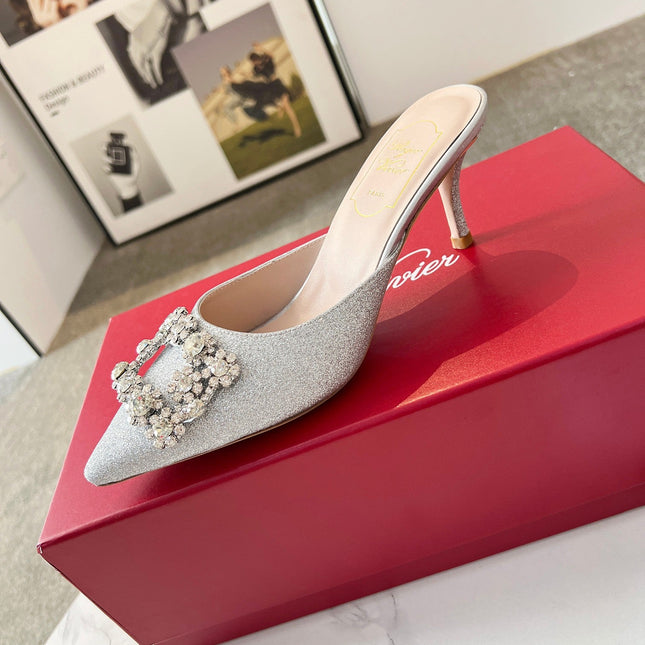 EFFLORESCENCE MULES IN SILVER SATIN EMBELLISHED GLITTER