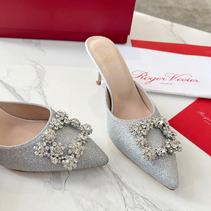 EFFLORESCENCE MULES IN SILVER SATIN EMBELLISHED GLITTER