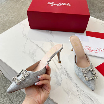 EFFLORESCENCE MULES IN SILVER SATIN EMBELLISHED GLITTER