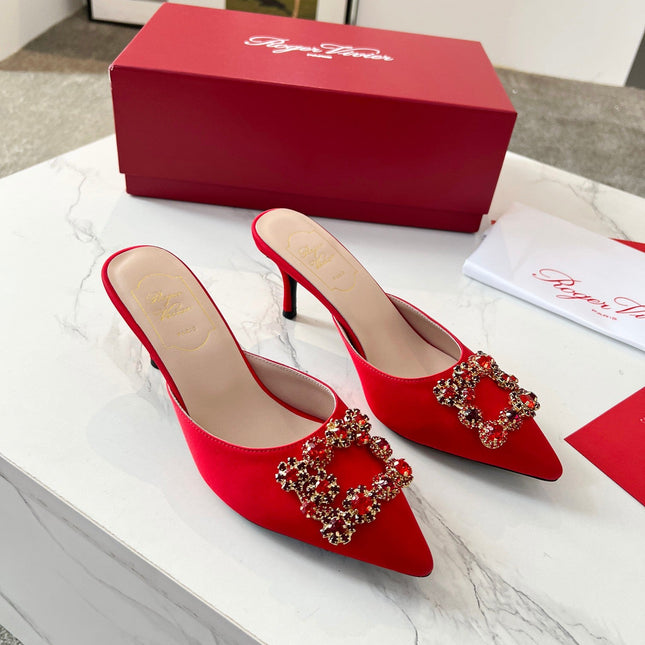 EFFLORESCENCE MULES IN RED SATIN