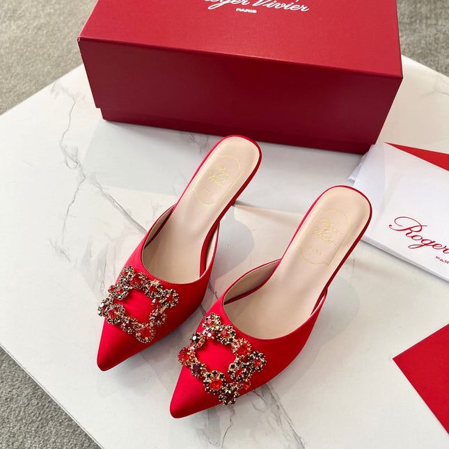 EFFLORESCENCE MULES IN RED SATIN