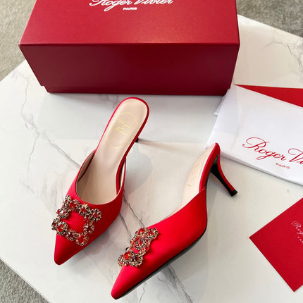 EFFLORESCENCE MULES IN RED SATIN