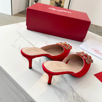 EFFLORESCENCE MULES IN RED SATIN